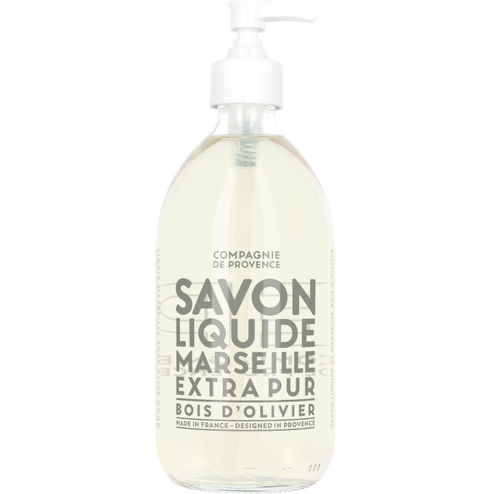 Compagnie de Provence Savon Liquide Marseille Bois d'Olivier 500ml rensende håndsæbe i klar flaske med hvid pumpe