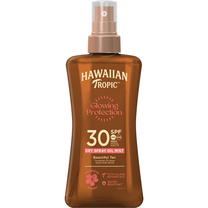 Hawaiian Tropic Glowing Protection SPF 30 150 ml sololie i brun sprayflaske der giver glød