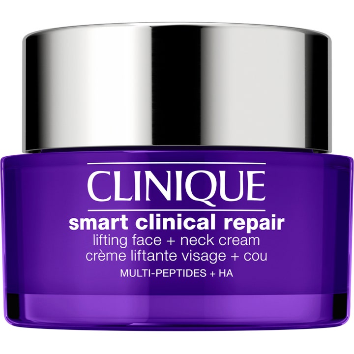 Clinique Smart Clinical Repair Lifting Face + Neck Cream opstrammende ansigtscreme i lilla glaskrukke med blankt sølvlåg