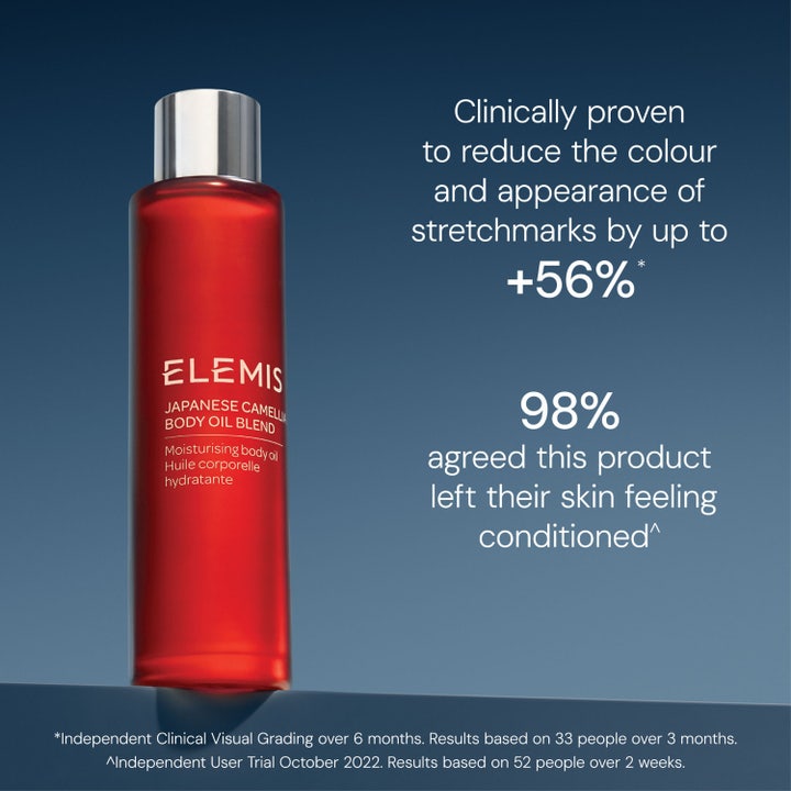 Elemis Japanese Camellia Oil Blend 100 ml kropsolie viser før og efter resultat på strækmærker