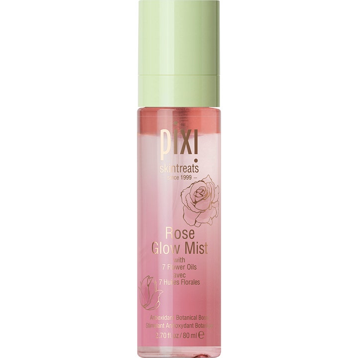 Pixi Rose Glow Mist 80 ml fugtgivende ansigtsspray der giver glød i klar flaske med lysegrønt låg og rosa blomsterolie.