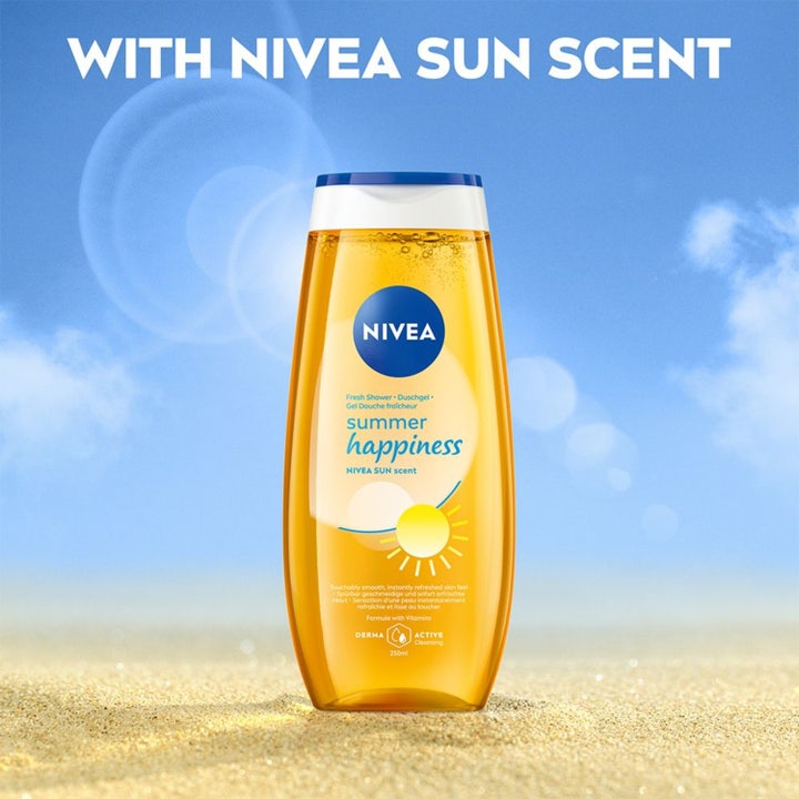 NIVEA Love Sunshine Shower Gel 250 ml giver opfrisket hud vist med hvidt skum og Dermatologically approved tekst.