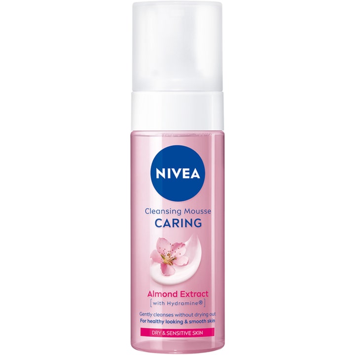 NIVEA Cleansing Mousse Caring 150 ml plejende ansigtsrens i lyserød flaske med mandelekstrakt til tør hud