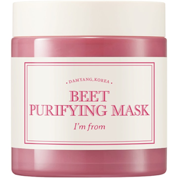I'm from Beet Purifying Mask rensende ansigtsmaske der giver klar hud i en rødlig krukke med hvidt låg.