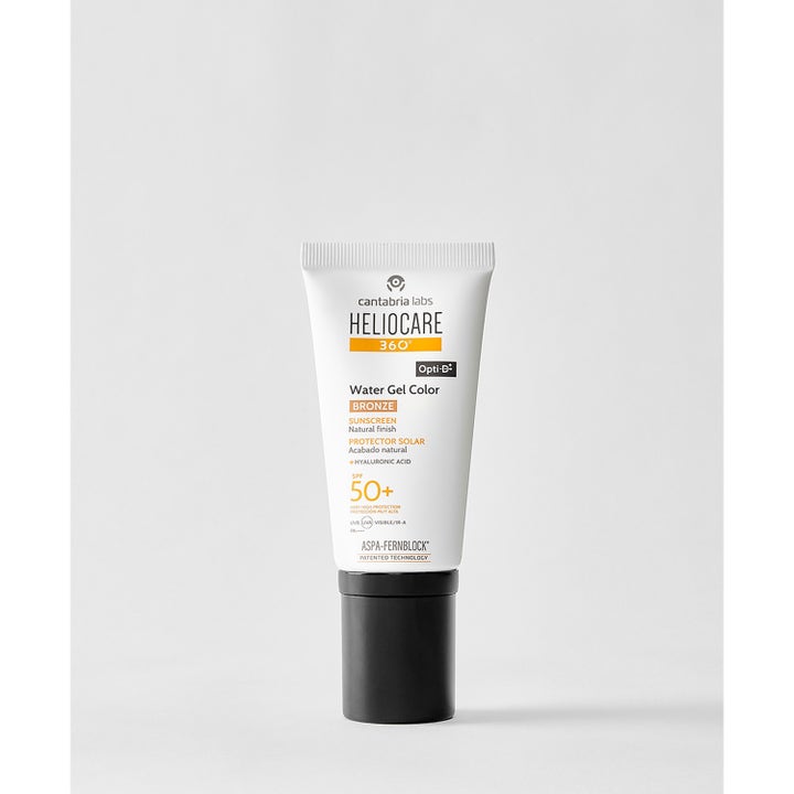 Heliocare Water Gel Color 50 ml Bronze solcreme til ansigtet i hvid tube med sort låg og SPF 50+.