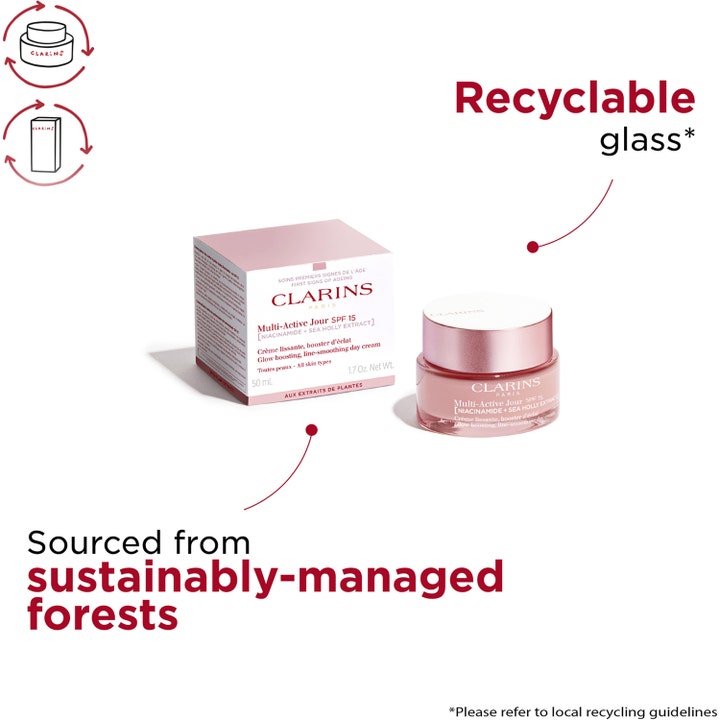 Clarins Multi-Active Jour 50 ml udglattende dagcreme i lyserød glaskrukke og bæredygtig papæske