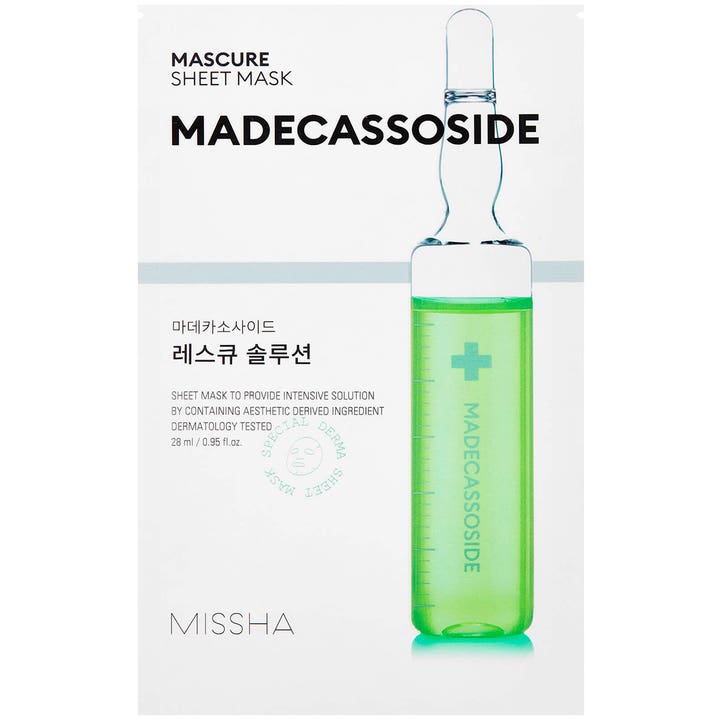 Missha Mascure Sheet Mask Madecassoside 28 ml beroligende ansigtsmaske i hvid emballage med grøn ampul.
