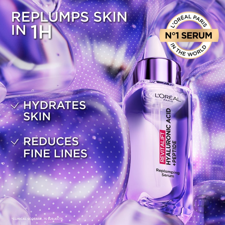 L'Oréal Paris Revitalift Filler Serum 30 ml med hyaluronsyre i en lilla glasflaske med dråbetæller