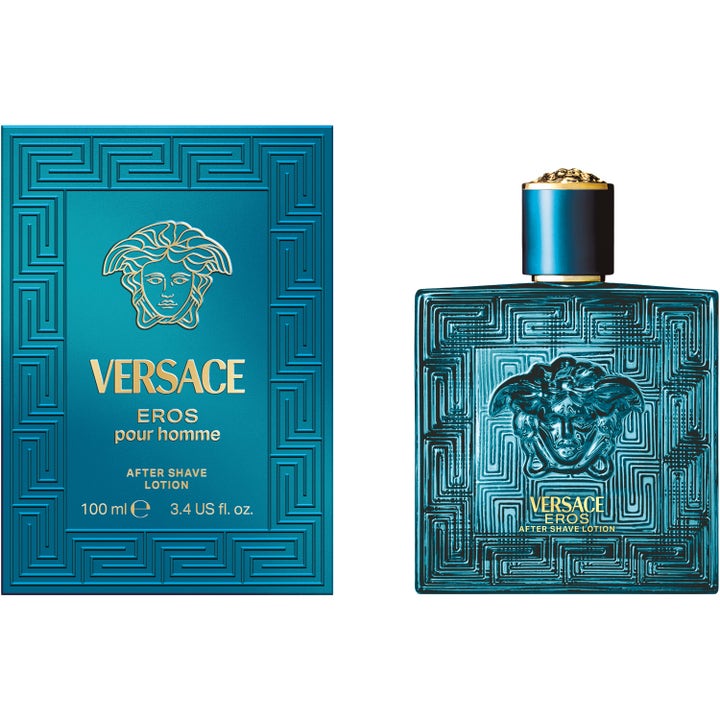 Versace Eros After Shave Lotion 100 ml er en beroligende hudpleje i turkis glasflaske og matchende æske.