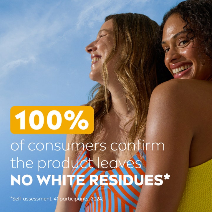 NIVEA Sun Protect & Moisture 150 ml solcreme giver usynlig finish på to smilende kvinder mod en blå himmel