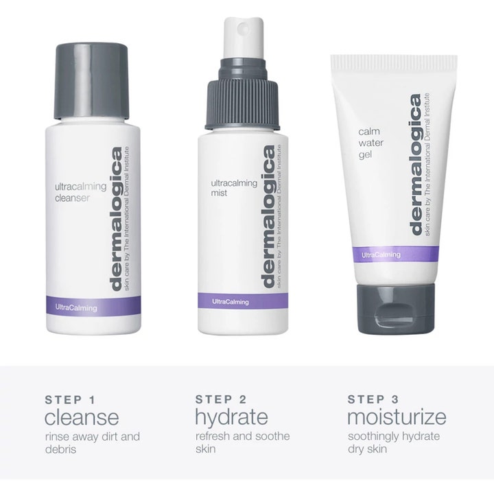 Dermalogica Sensitive Skin Rescue Kit beroligende ansigtsplejesæt med hvide flasker og tube med lilla bånd