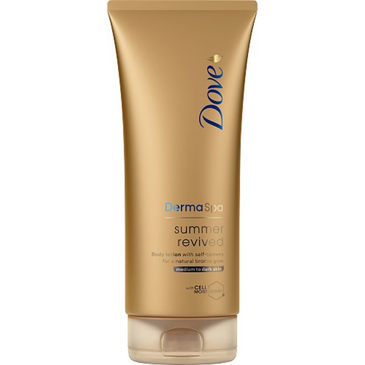 Dove DermaSpa Summer Revived selvbruner bodylotion giver naturlig glød i en guld-farvet tube til medium til mørk hud