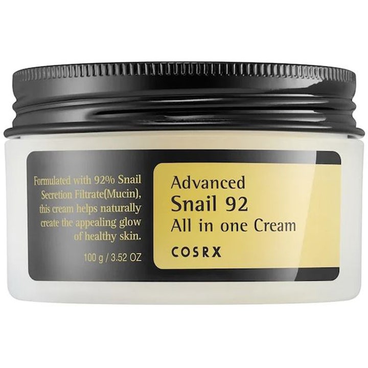 COSRX Advanced Snail 92 All in one Cream 100g fugtighedscreme med snegleslim i hvid krukke med sort låg
