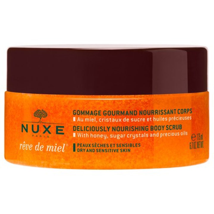 Nuxe Rêve de Miel Body Scrub 175 ml nærende kropspeeling i orange krukke med mørkebrunt låg til tør hud