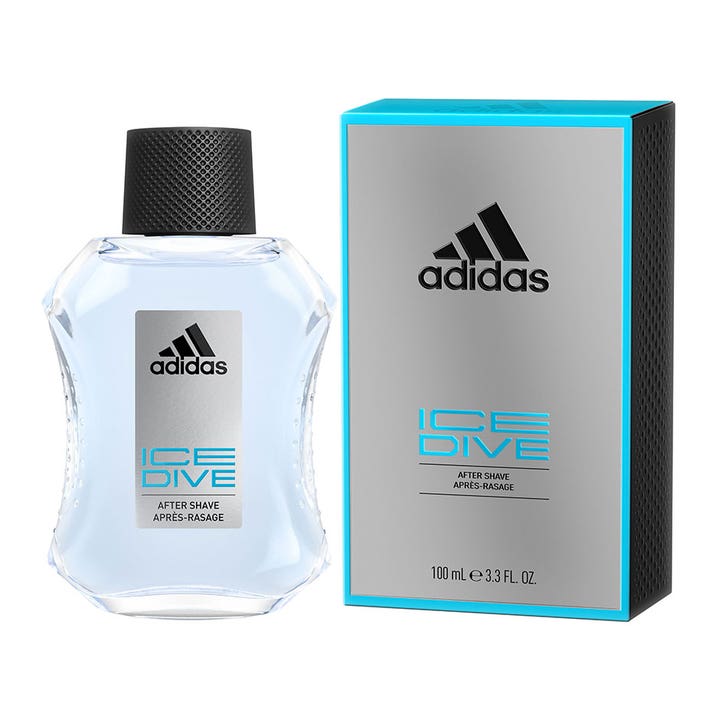 Adidas Ice Dive After Shave 100 ml forfriskende hudpleje i gennemsigtig glasflakon og sølvgrå æske