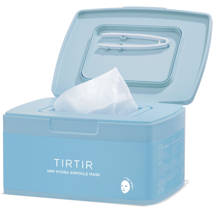 TIRTIR NMF Hydra Ampoule Mask 30 stk fugtgivende ansigtsmaske i lyseblå boks med åbent låg og hvid pincet