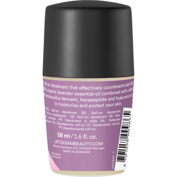 Urtekram Soothing Lavender Deo 50 ml modvirker lugt i en roll-on med lilla etiket, hyaluronsyre og sort låg.