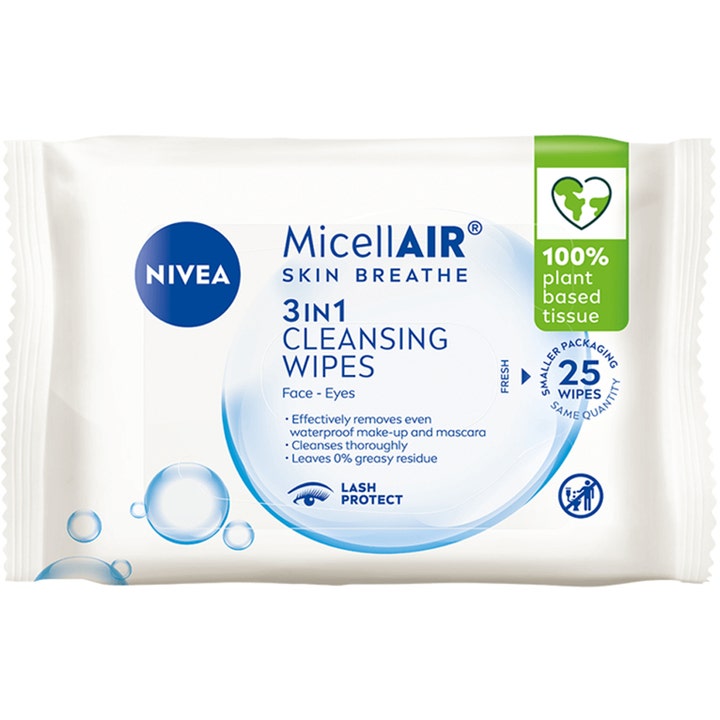 NIVEA MicellAIR 3in1 Cleansing Wipes 25 stk fjerner vandfast makeup i hvid indpakning med blå og grønne detaljer
