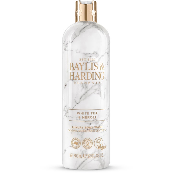 Baylis & Harding Elements White Tea & Neroli 500 ml fugtgivende kropssæbe i hvid marmoreret flaske med elegant guldlåg