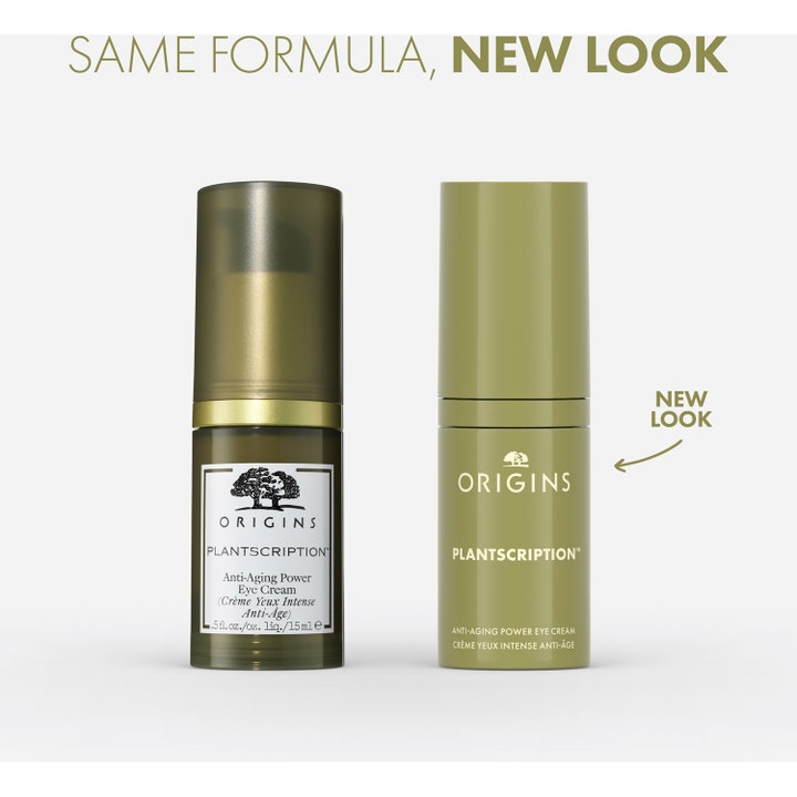 Origins Plantscription Anti-Aging Power Eye Cream 15 ml øjencreme i ny og gammel olivengrøn emballage mærket New Look