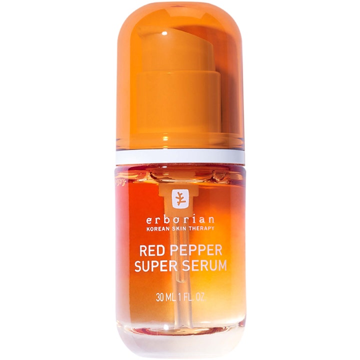 Erborian Red Pepper Super Serum 30 ml glødgivende ansigtsserum i gennemsigtig glasflaske med orange pumpe og låg