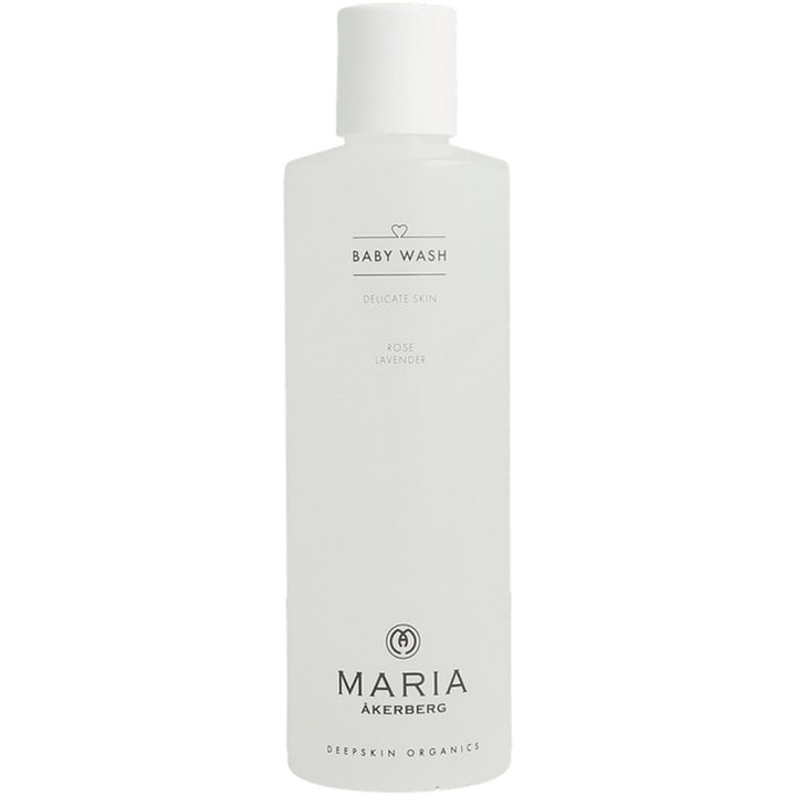 Maria Åkerberg Baby Wash 250 ml mild kropsvask til sart hud i en frostet hvid plastflaske med hvidt låg