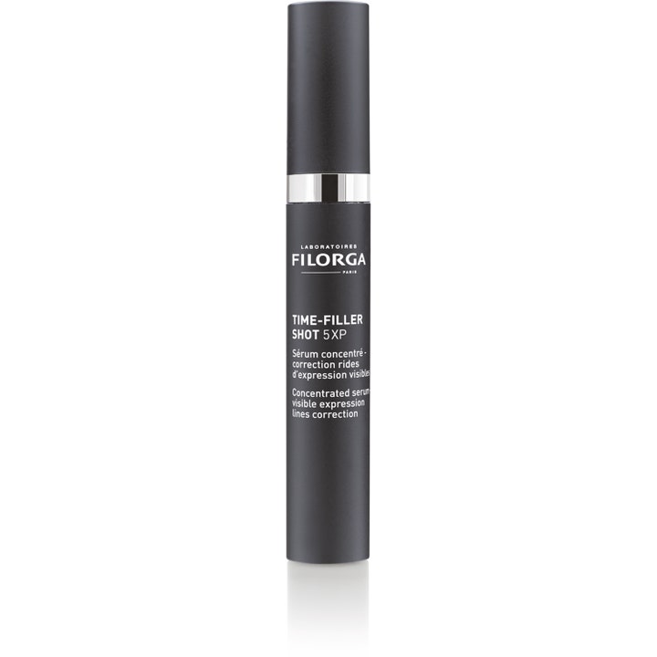 Filorga Time-Filler Shot 5XP 15 ml serum mod mimiske rynker i en slank mørkegrå tube med sølvdetaljer