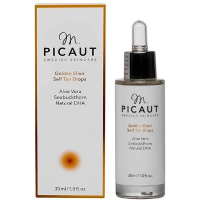 M Picaut Golden Elixir Self Tan Drops 30 ml brun uden sol med Aloe Vera i glasflaske med pipette og æske