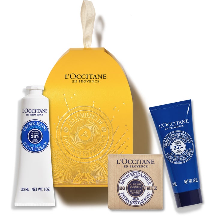 L'Occitane Shea Butter Gavesæt 3 dele fugtgivende hudpleje i gul æske med hvid tube blå tube og fast sæbe