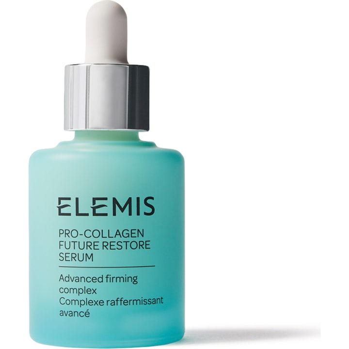 Elemis Pro Collagen Future Restore Serum 30 ml opstrammende serum i lyseblå frostet glasflaske med sølvpipette.