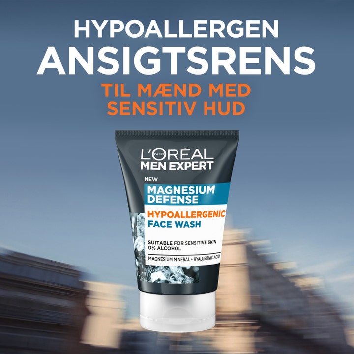 L'Oréal Paris Men Expert Magnesium Defence 100 ml beroligende ansigtsvask i sort tube med mineralgrafik.