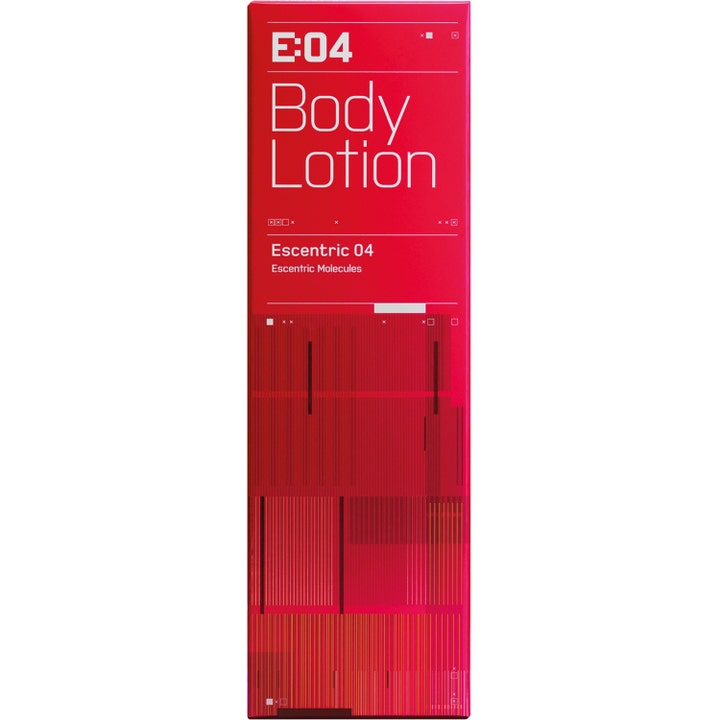 Escentric Molecules Escentric 04 Body Lotion 200 ml fugtgivende bodylotion i rød æske med grafiske linjer.