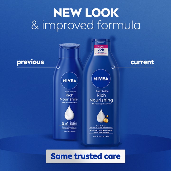 NIVEA Rich Nourishing Body Lotion 250 ml fugtgivende bodylotion viser nyt design og formel med 72 timers pleje