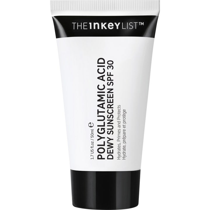 The Inkey List Polyglutamic Acid Dewy Sunscreen SPF 30 50ml fugtgivende solcreme i hvid tube med sort låg