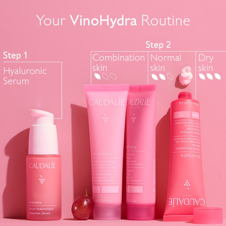 Caudalie Vinohydra Gel Moisturizer 60 ml fugtgivende ansigtscreme vist i en hudplejerutine med lyserøde tuber