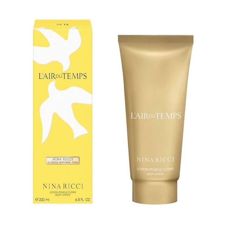 Nina Ricci L'Air du Temps 200 ml fugtgivende bodylotion i gul æske med hvide duer og en elegant mat guldfarvet tube