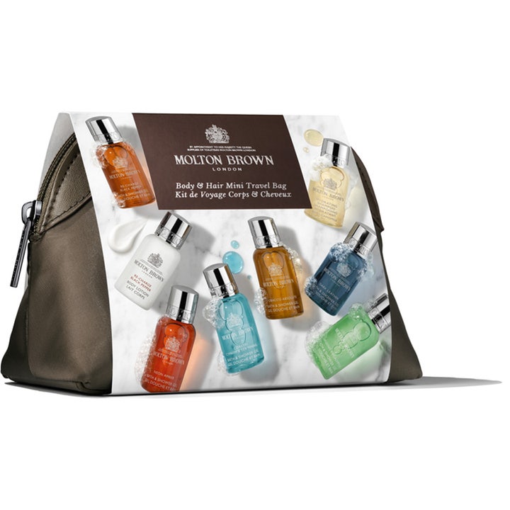 Molton Brown Mens Mini Stowaway 240 ml gavesæt til kropspleje i en brun taske med otte farverige mini flasker