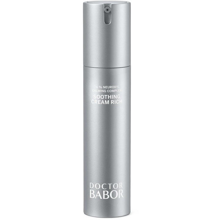 Doctor Babor Soothing Cream Rich 50ml beroligende ansigtscreme i en stilren sølvfarvet pumpeflaske.