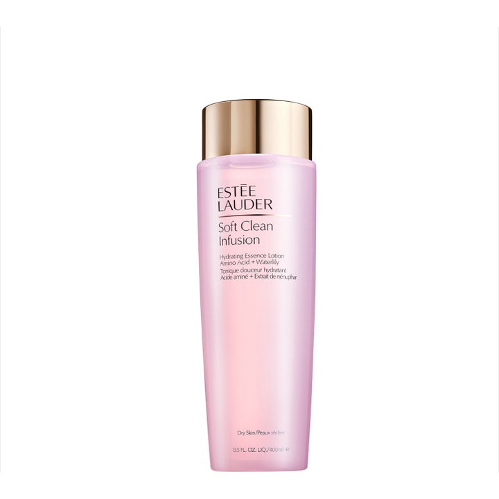 Estée Lauder Soft Clean Infusion 400 ml fugtgivende essence lotion i lyserød flaske med skinnende guldlåg