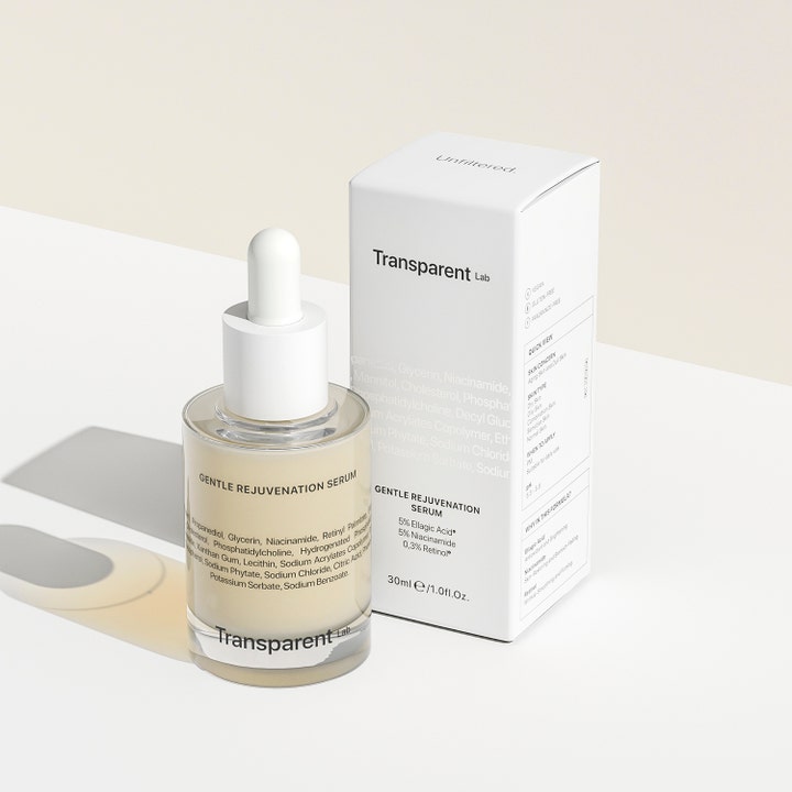 Transparent Lab Gentle Rejuvenation Serum 30 ml hudfornyende serum med retinol i glasflaske med hvid pipette og æske