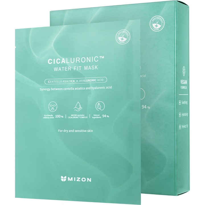 Mizon Cicaluronic Water Fit Mask 24 g beroligende ansigtsmaske i mintgrøn sachet og æske med vegansk formel