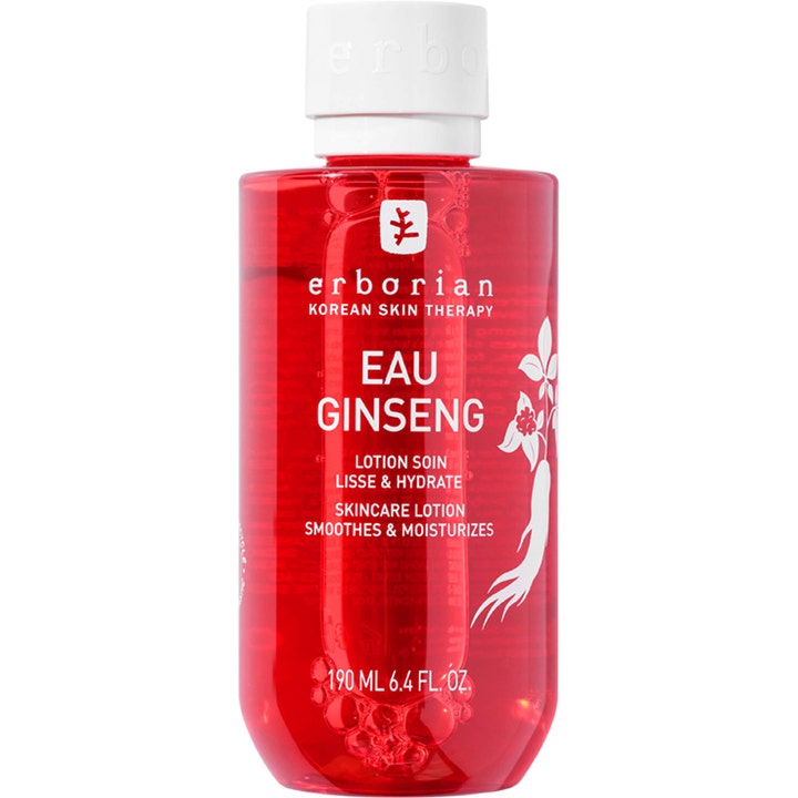 Erborian Eau Ginseng 190 ml fugtgivende ansigtsvand i rød gennemsigtig flaske med hvidt skruelåg.
