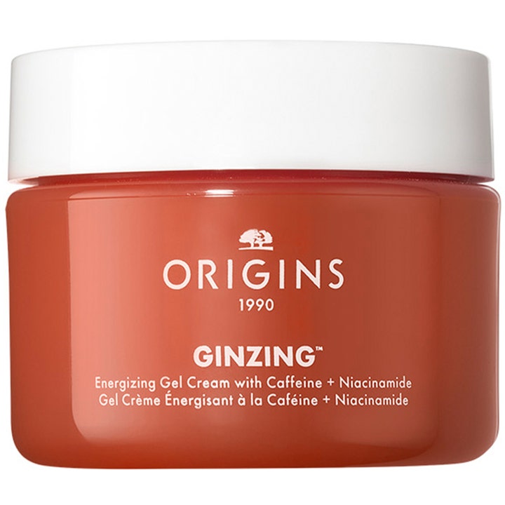 Origins GinZing Energizing Gel Cream energigivende ansigtscreme med koffein og niacinamid i orange krukke med hvidt låg