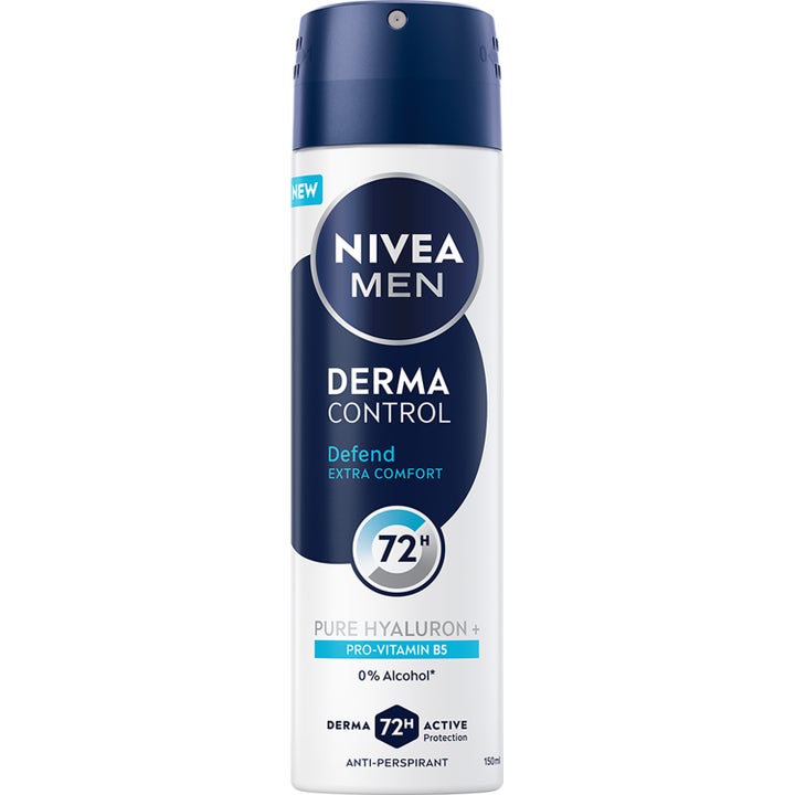 Nivea Men Derma Control 150ml anti-perspirant spray giver 72 timers beskyttelse i hvid spraydåse med mørkeblåt låg