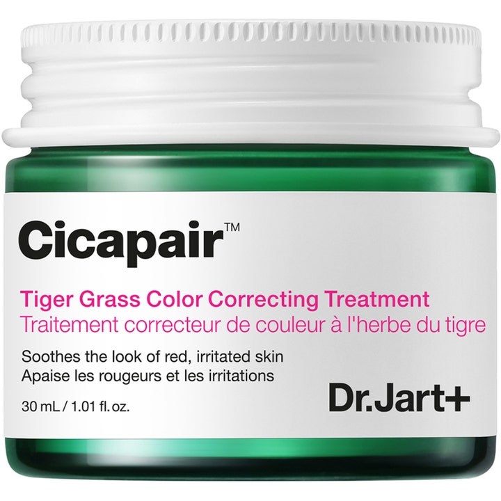 Dr. Jart+ Cicapair Tiger Grass Color Correcting Treatment 30 ml beroliger rødme i grøn glaskrukke med hvidt låg