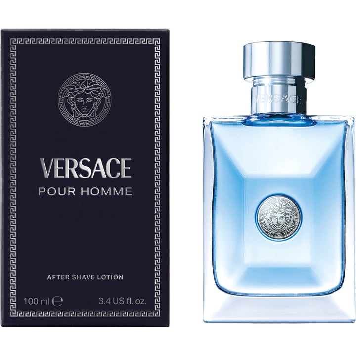 Versace Pour Homme 100 ml after shave der beroliger huden i klar glasflaske med lyseblå væske og æske