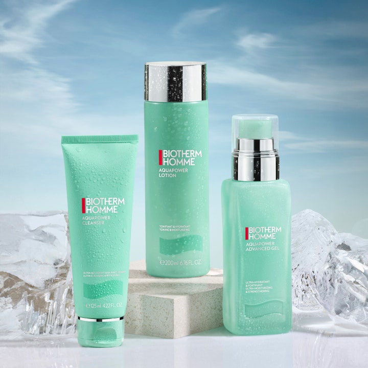 Biotherm Homme Aquapower Advanced Gel 75 ml fugtighedscreme i lysegrøn serie med rens og lotion på isblokke