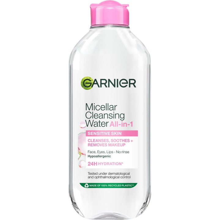 Garnier Micellar Cleansing Water All-in-1 beroligende makeupfjerner i klar plastflaske med lyserødt låg