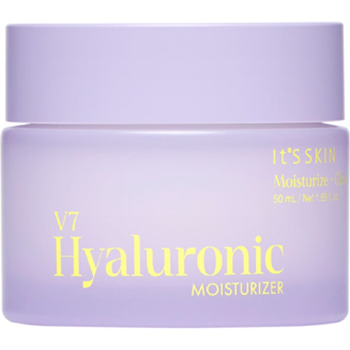 It'S SKIN V7 Hyaluronic Moisturizer 50 ml fugtgivende ansigtscreme i en mat lilla krukke med gul tekst