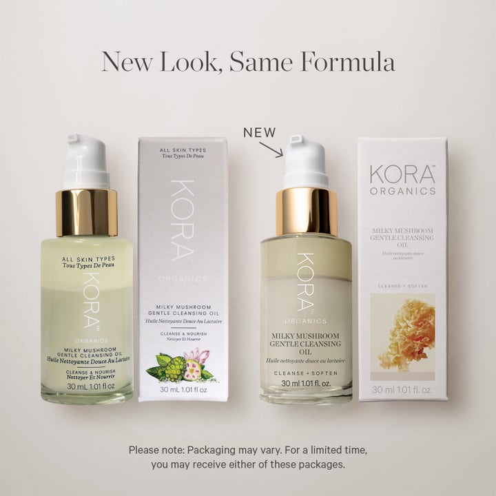 KORA Organics Milky Mushroom Gentle Cleansing Oil 30 ml renseolie i glasflasker med guld og hvid pumpe.